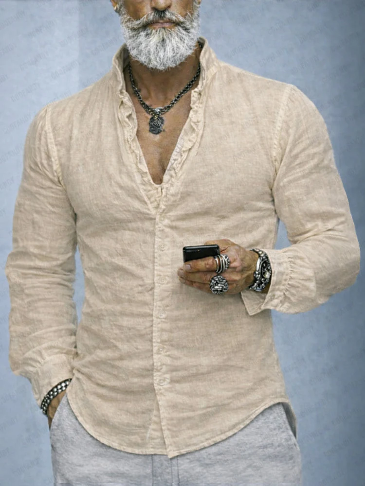 Men's Ruffled Neck Slim Fit Long Sleeve Button-Up Casual Shirt