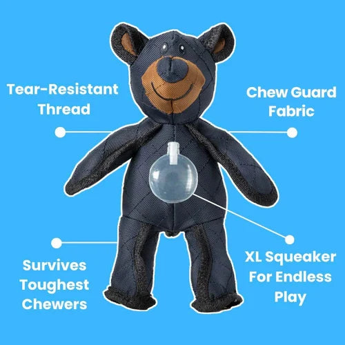 Tough interactive bear dog toy for heavy chewers. Indestructible chew toy, great for mental stimulation.