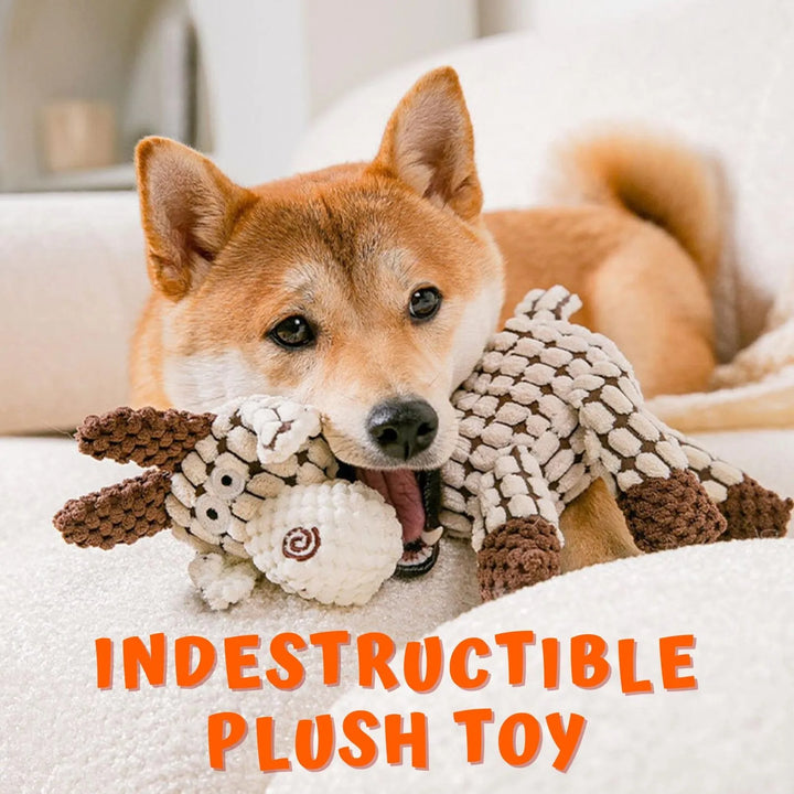 Durable plush chew toy with internal squeaker. Indestructible design for dog dental health & play.