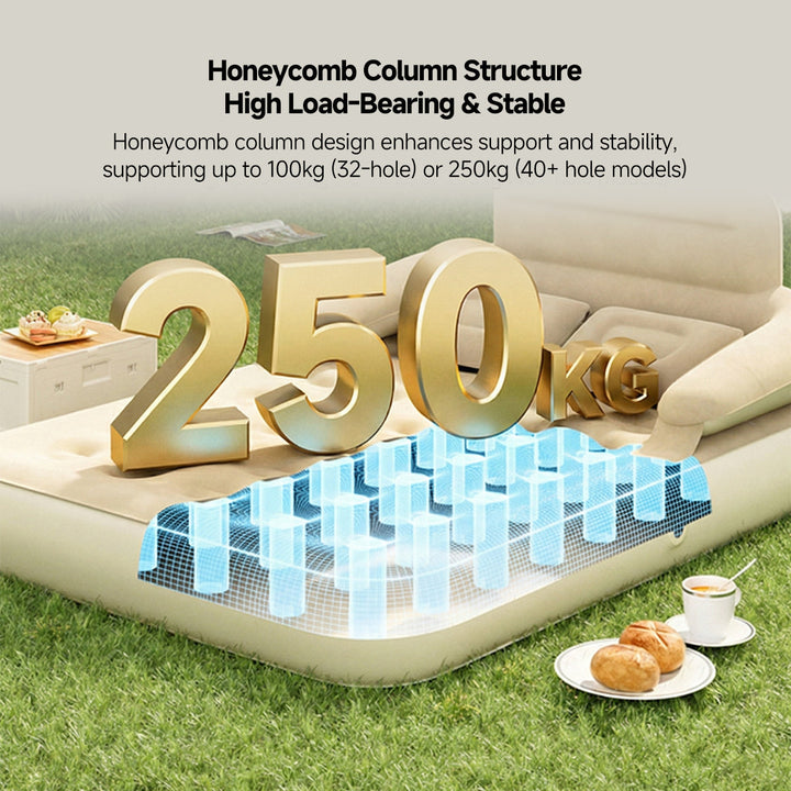 Comfortable flocked air mattress with backrest, designed for camping, travel, and extra guest sleeping.
