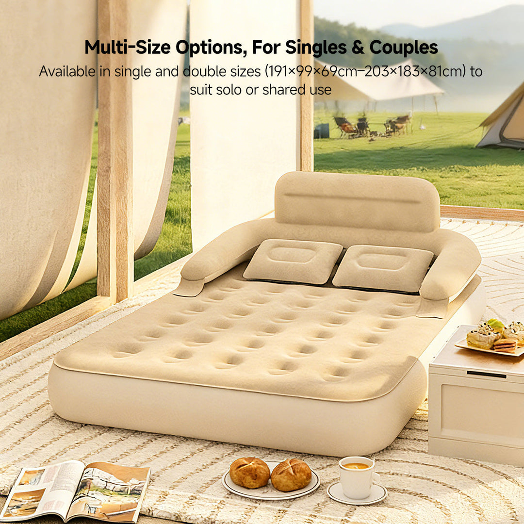 Flocked fabric inflatable air mattress with backrest, providing a soft surface for camping and home.