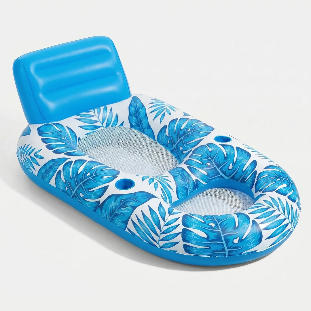 Relaxing inflatable lake & pool lounger with supportive mesh seat & integrated cup holders for leisure.
