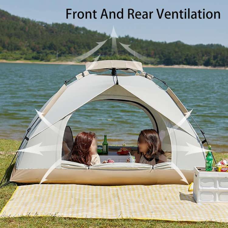 Compact instant pop-up camping tent, green, packed in its carry bag for easy travel and outdoor gear.
