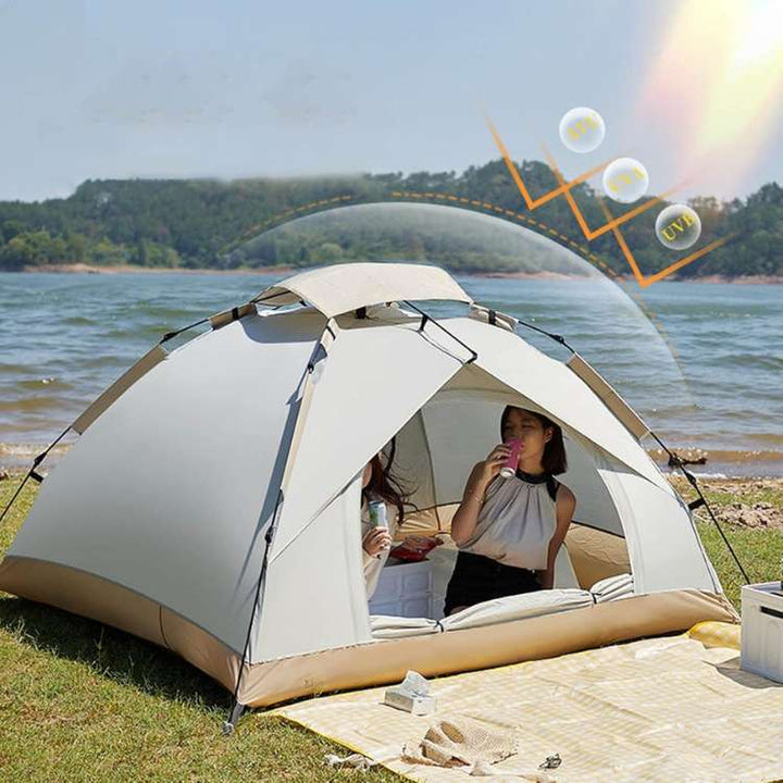 Interior view of a family-sized instant pop-up tent showing ample space and ventilation for camping.