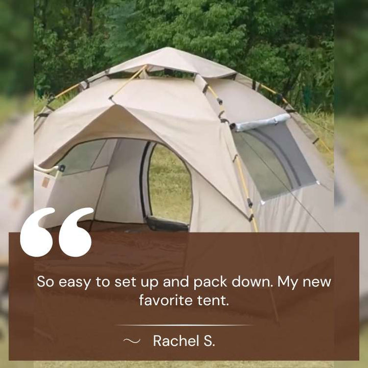 Instant pop-up camping tent, red, quickly deployed on a beach, highlighting its ease of use for travel.