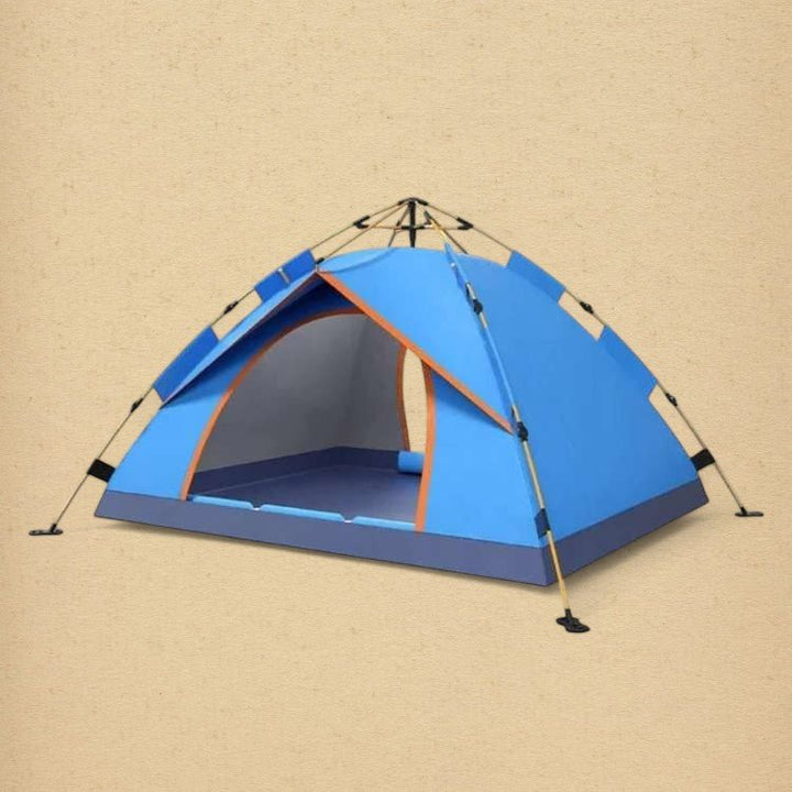 Group of friends relaxing inside a large instant pop-up camping tent during an outdoor adventure.