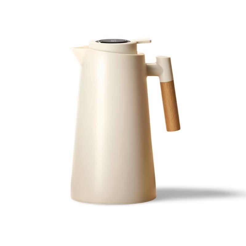 Premium leakproof insulated carafe for all your beverage needs, featuring a wood handle.