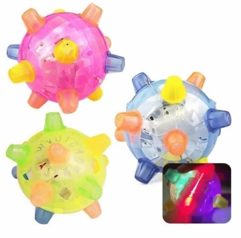 Close-up of a vibrant rubber interactive jumping dog toy with LED lights & sound features.