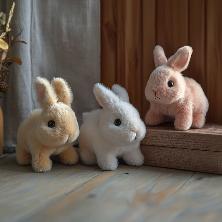 Cute soft plush bunny toy that moves and makes sounds, providing interactive fun for young kids.