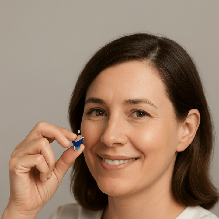 Rechargeable invisible in-ear hearing aid, enhancing sound with comfortable fit.