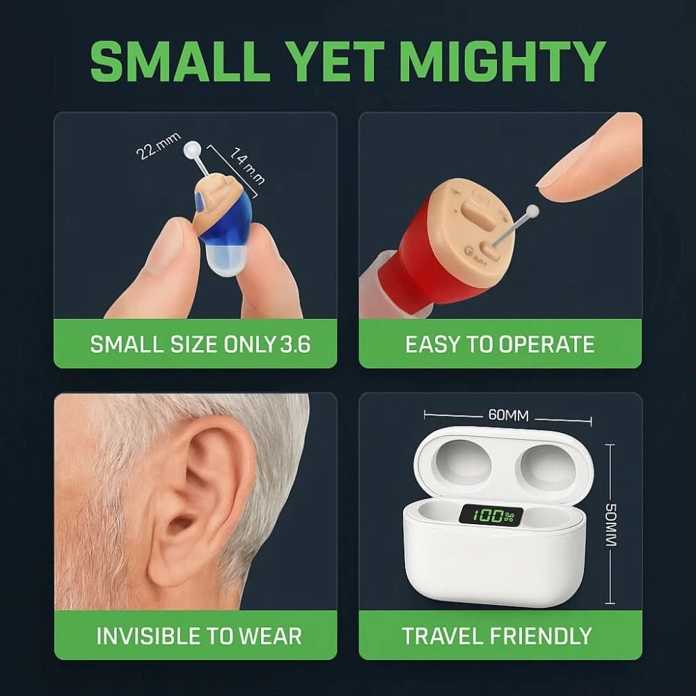 Discreet in-ear hearing aid, rechargeable for crisp, clear sound experiences.