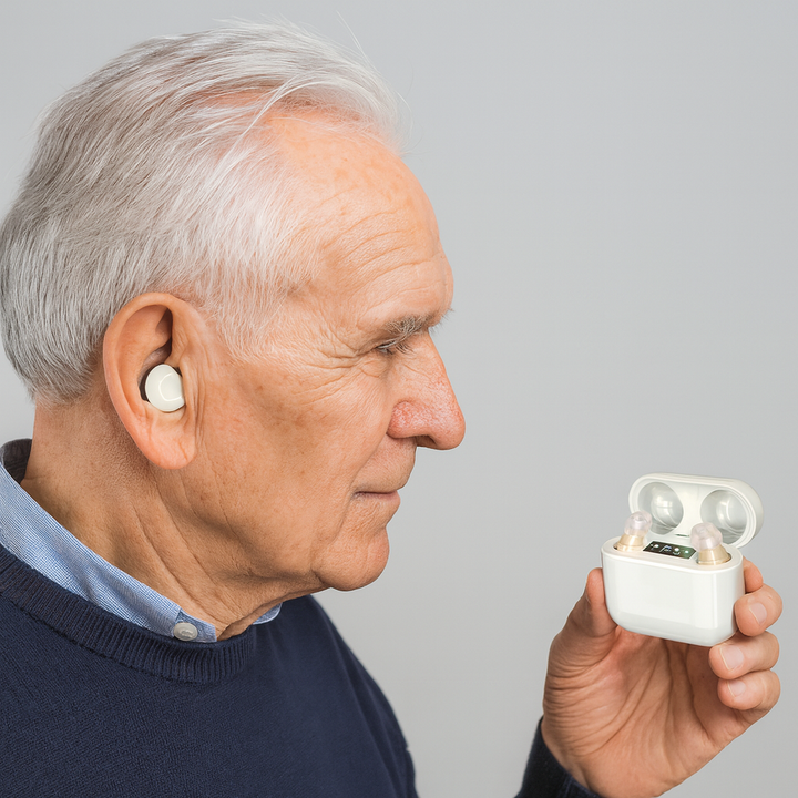 Invisible in-ear hearing amplifier with digital display & charging case, discreet sound aid for personal hearing.