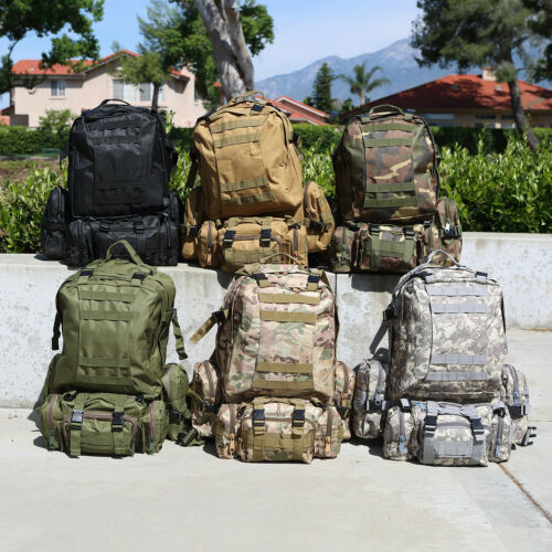 Unisex 60-liter tactical hiking backpack, black, front view, with MOLLE webbing & hydration port