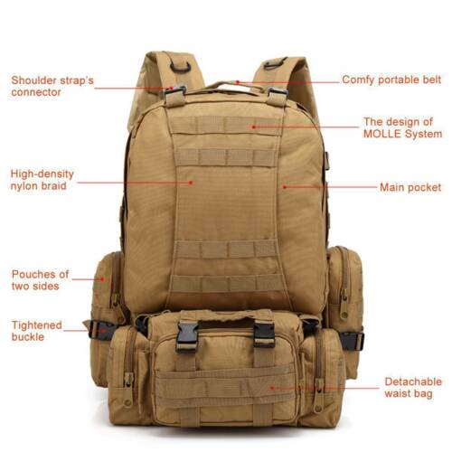 Tactical camping backpack, 60 liter capacity, coyote brown, with multiple pockets & adjustable straps