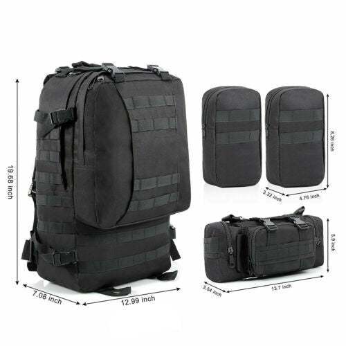 Person wearing a large 60L military-style backpack, suitable for travel and outdoor adventures