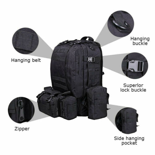 Top view of a spacious 60L tactical travel backpack, unzipped, showing interior storage space