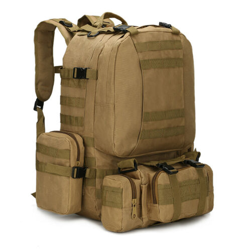 Water-resistant 60L outdoor backpack with detachable side pouches, perfect for hiking and day trips