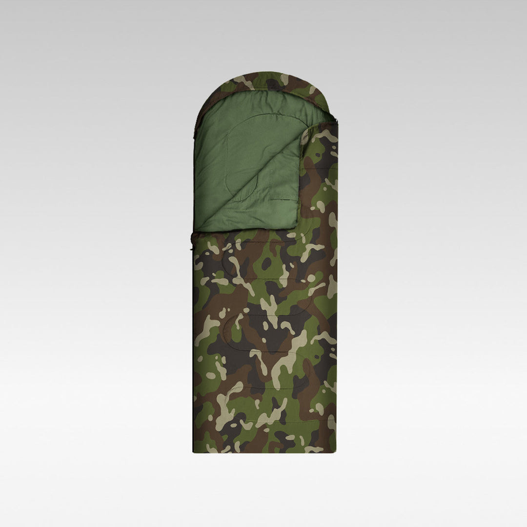 Jungle camo cold weather sleeping bag ideal for winter camping & hunting trips, front view