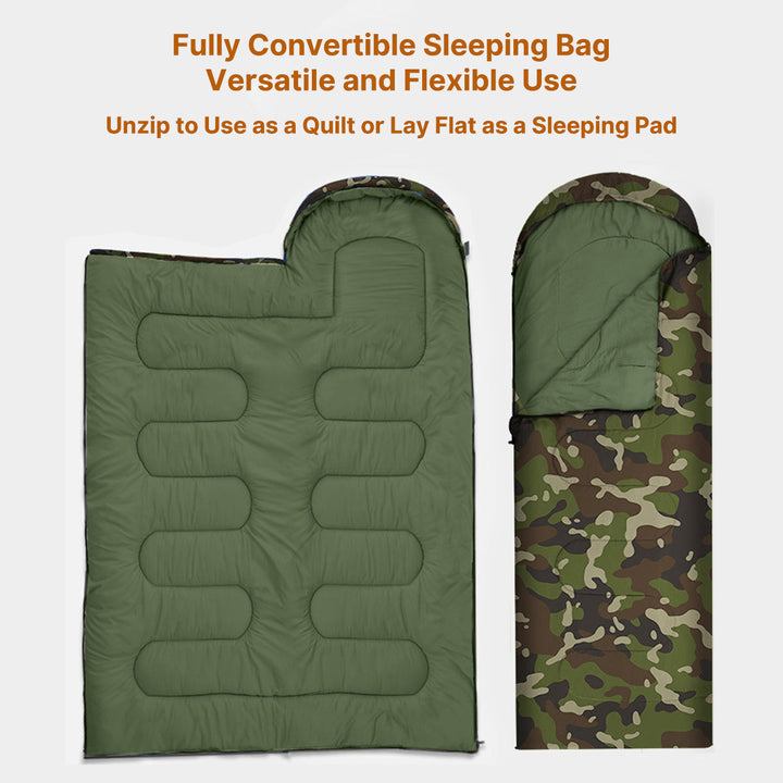 Detail of tough fabric on a cold weather camo sleeping bag, ensuring warmth and durability