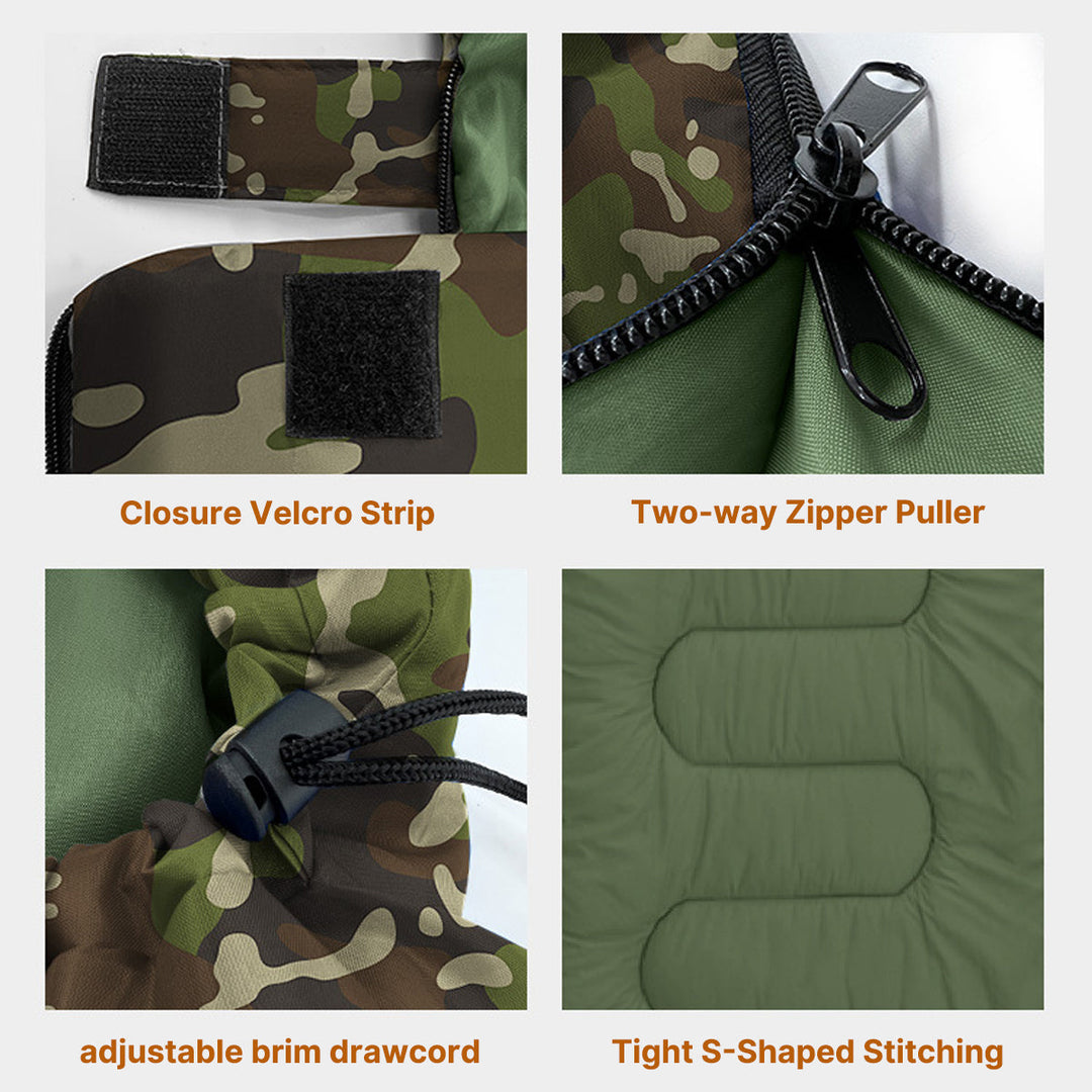 Outdoor sleeping equipment: Cold weather jungle camo sleeping bag, side view, fully extended