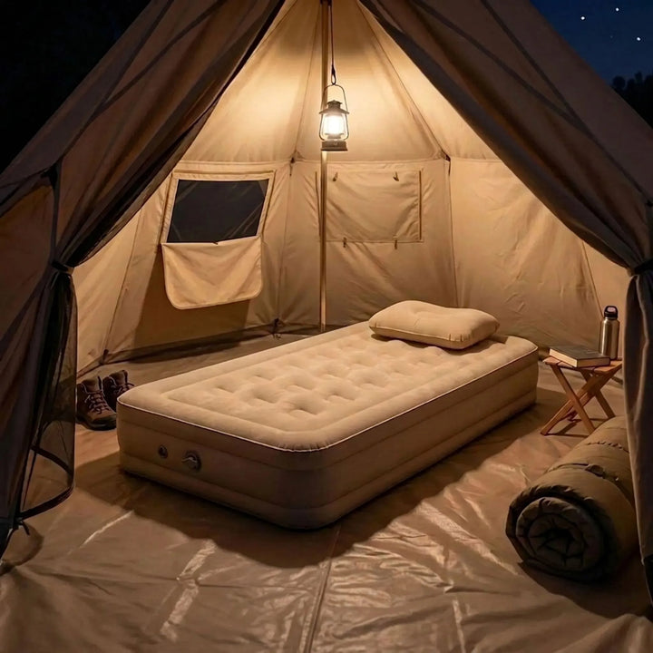 Khaki elevated camping air mattress for single person outdoor comfort. Portable inflatable camp bed.