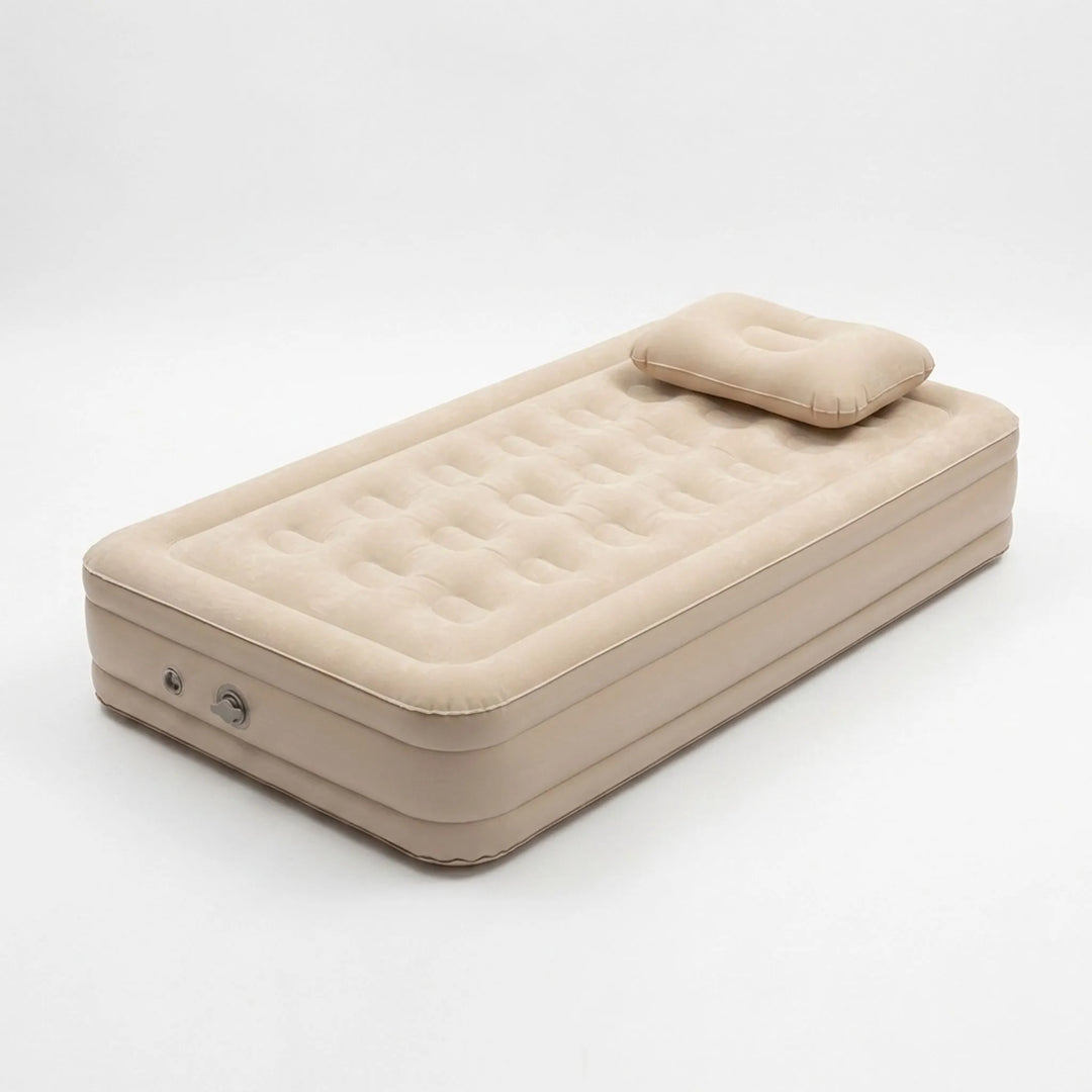 Portable black camping air mattress, an elevated inflatable bed for comfortable outdoor sleeping.