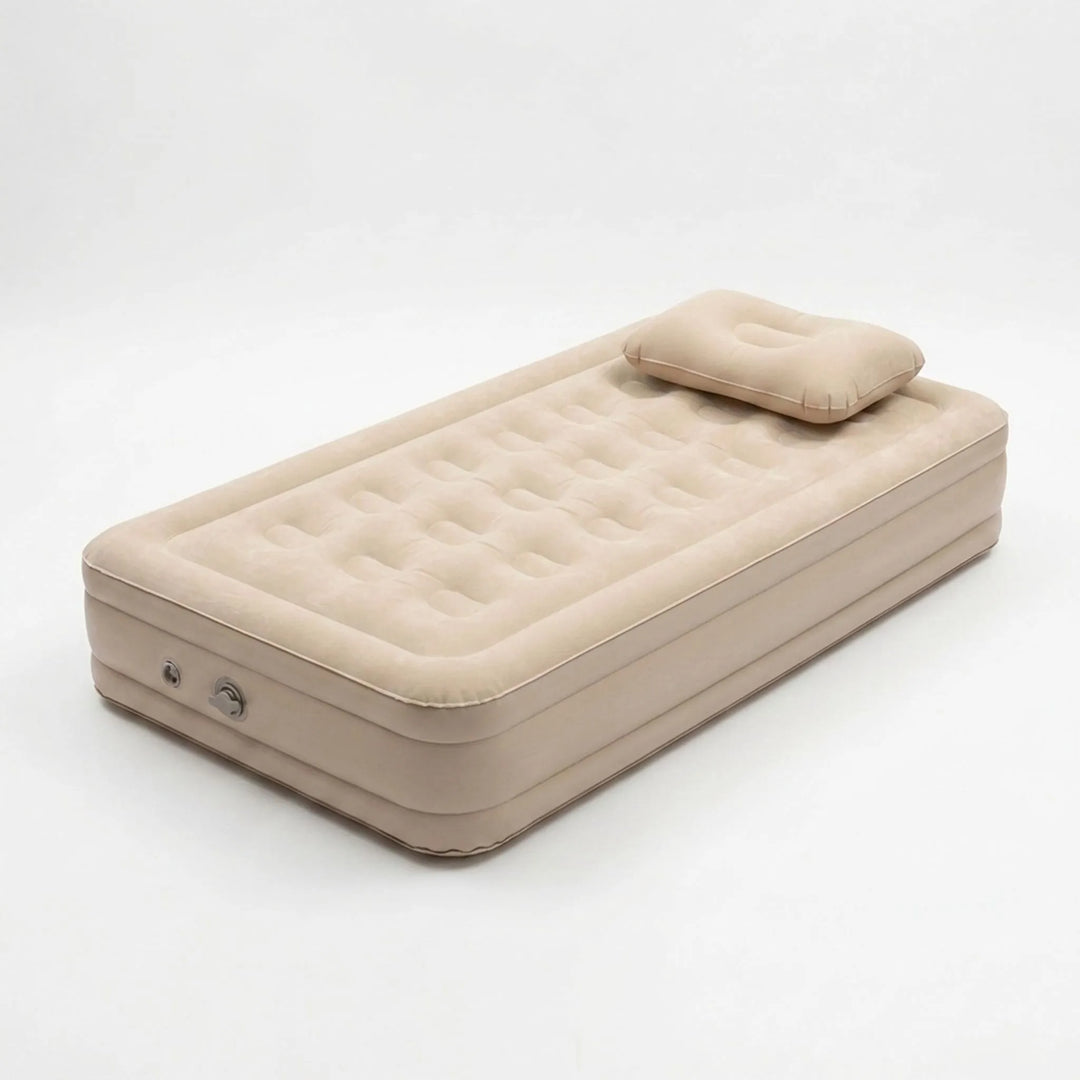 Khaki & black elevated camping air mattress, an inflatable camp bed designed for ultimate outdoor comfort.