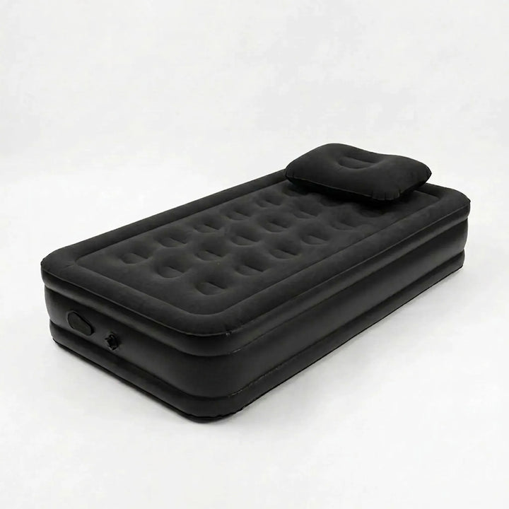 Elevated air mattress & portable sleeping pad for camping. Comfortable single person outdoor bed.