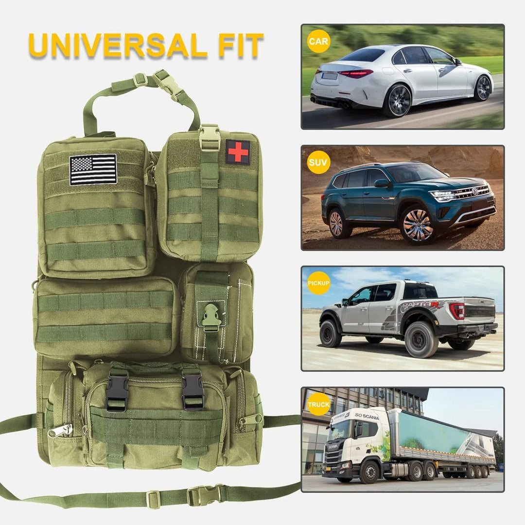 Khaki tactical backseat Molle organizer bag for vehicle, durable nylon storage for car essentials