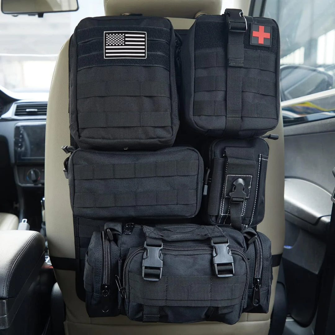 Green tactical Molle car seat organizer, rugged nylon storage for vehicle tidiness, outdoor gear