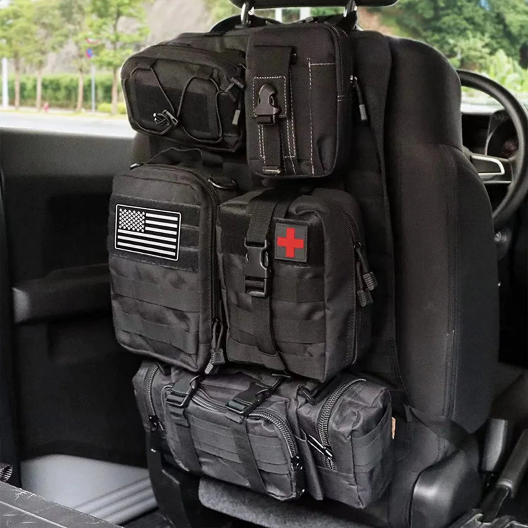 Close-up of tactical backseat Molle organizer showing multiple pockets and molle webbing for gear