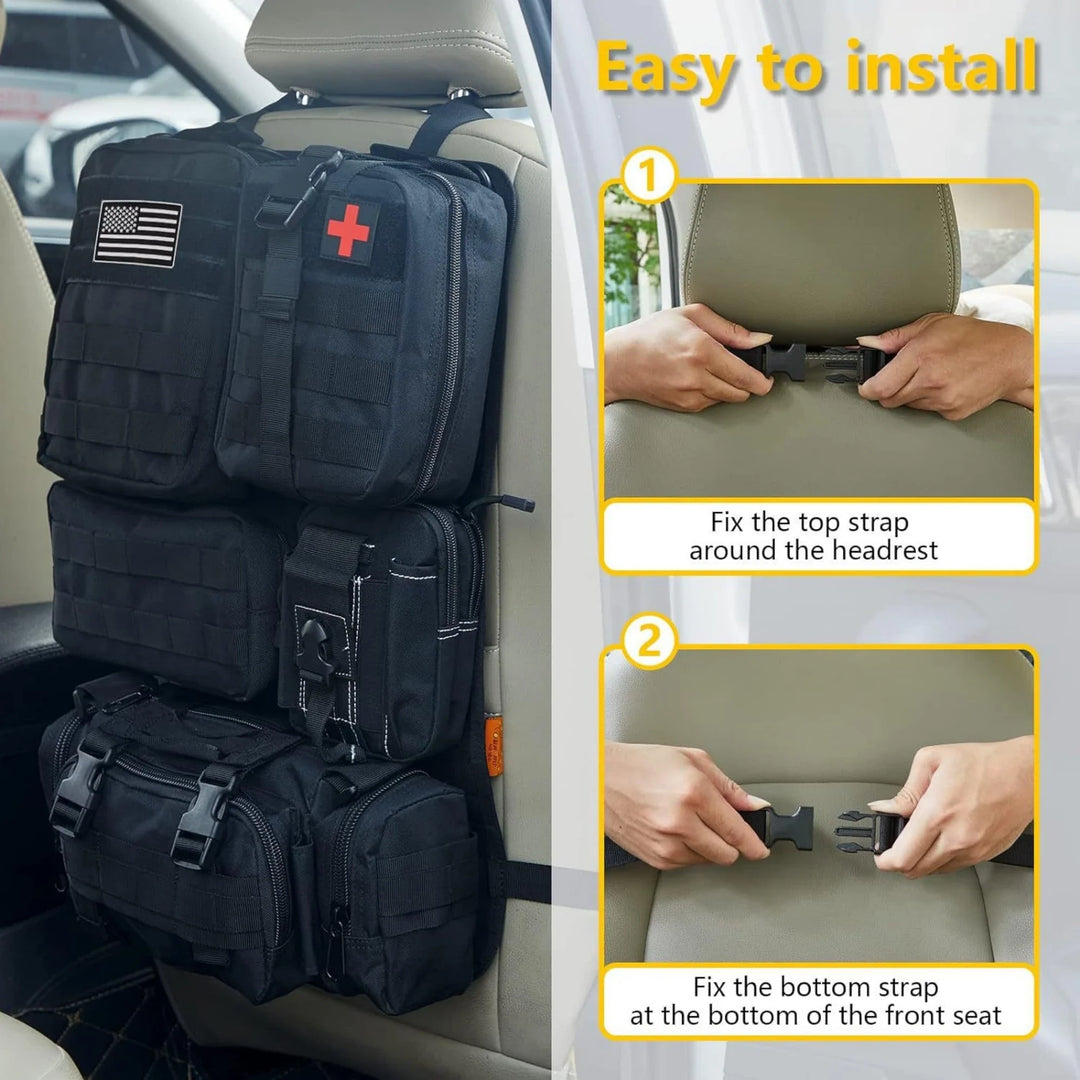 Tactical vehicle backseat organizer bag, large main compartment for car storage, khaki color