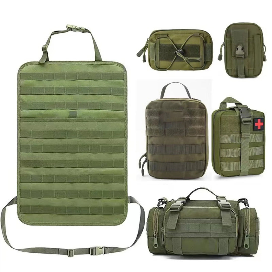 Green tactical backseat Molle panel with various attachments, perfect car interior organization