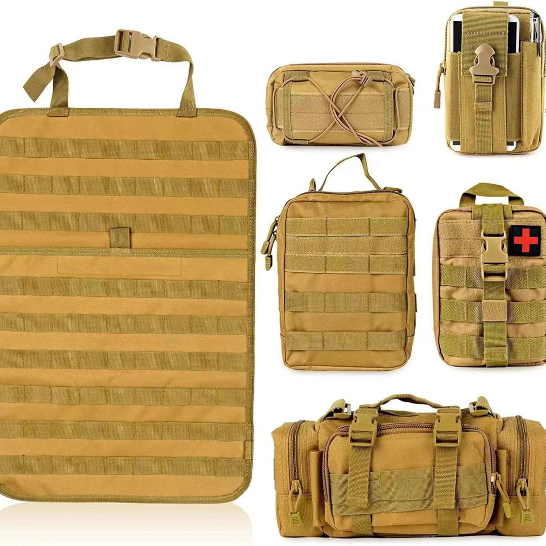 Detailed view of a khaki tactical Molle vehicle organizer, strong stitching for heavy-duty use