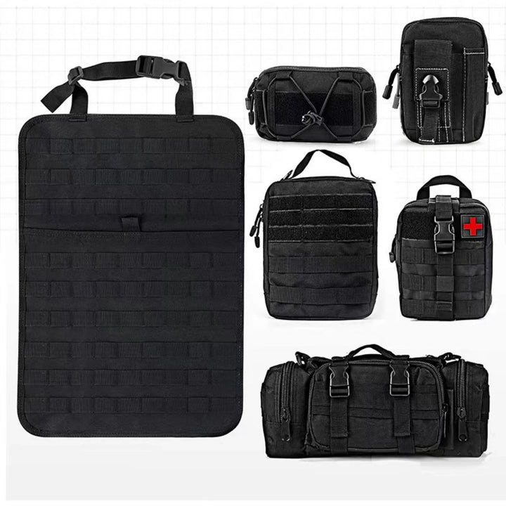 Black tactical backseat organizer showing quick-release buckles for easy installation in car