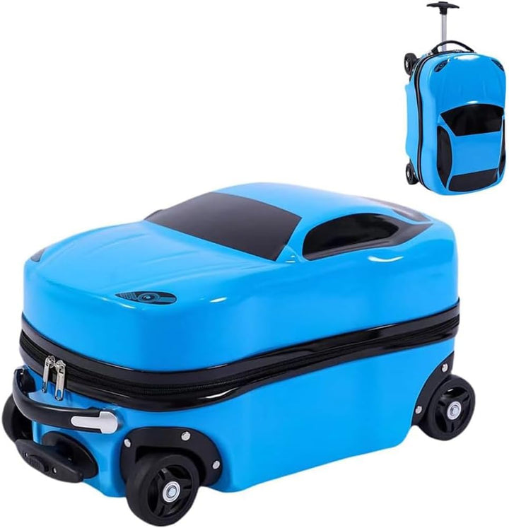 Child-friendly 18-inch adventure car suitcase, rolling luggage with retractable handle for kids' travel.