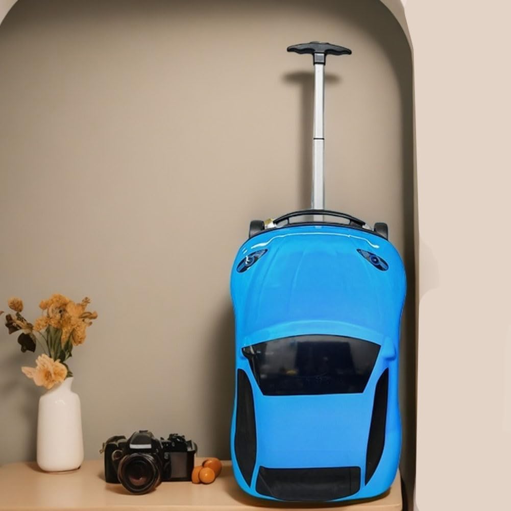 Fun adventure car suitcase, 18-inch kids' rolling luggage with wheels & retractable handle for easy travel.