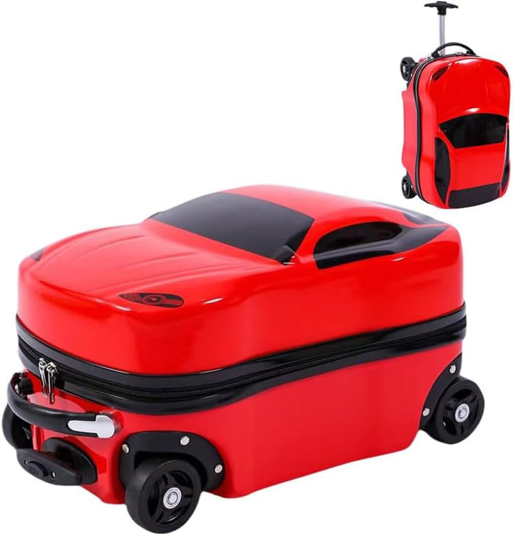 Vibrant car-design 18-inch kids' travel bag, pull-along rolling luggage with sturdy retractable handle.