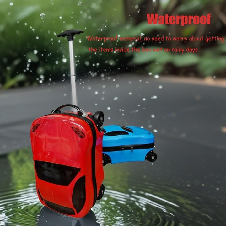 Easy-to-pull kids' car suitcase, 18-inch rolling luggage with retractable handle for young travelers.