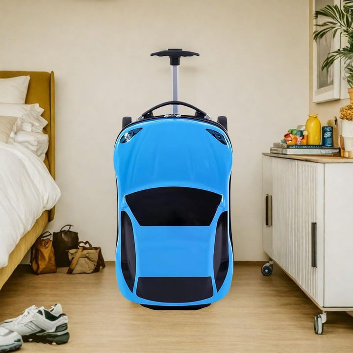 Cute 18-inch car suitcase for kids, ideal pull-along travel luggage with retractable handle. Family vacation essential.
