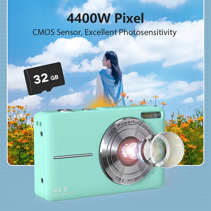 Compact 44MP children's camera with 16X zoom & anti-shake, captures crisp photos & videos.