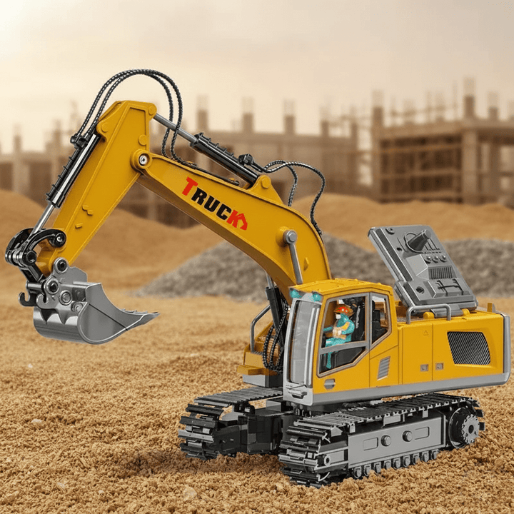 Kids' alloy RC excavator with realistic lights & sounds, perfect for imaginative construction play.