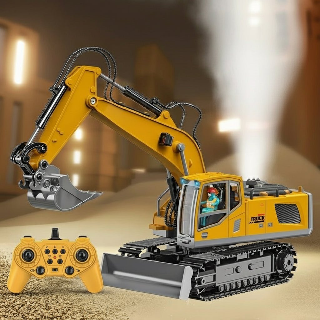 Premium alloy RC excavator for children, offering lights, sounds, and full remote control movement.