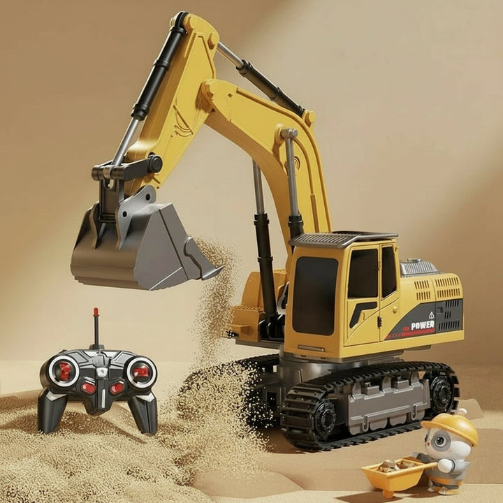 Metal alloy remote control excavator, a robust kids' toy for construction role-play with lights.