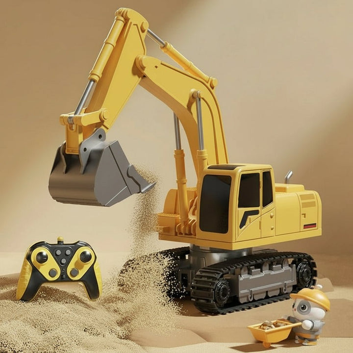 Durable RC excavator toy for kids, featuring alloy construction, realistic lights, and sounds.