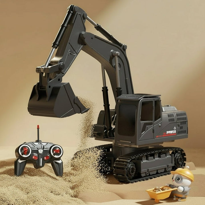 Full-function remote control alloy excavator for kids, with dazzling lights & engaging sounds.