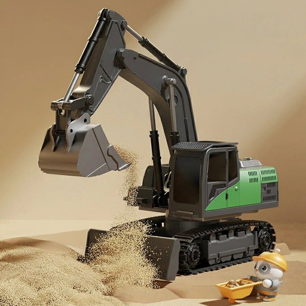 Children's alloy RC excavator model with lights, sounds, and an intuitive remote control system.