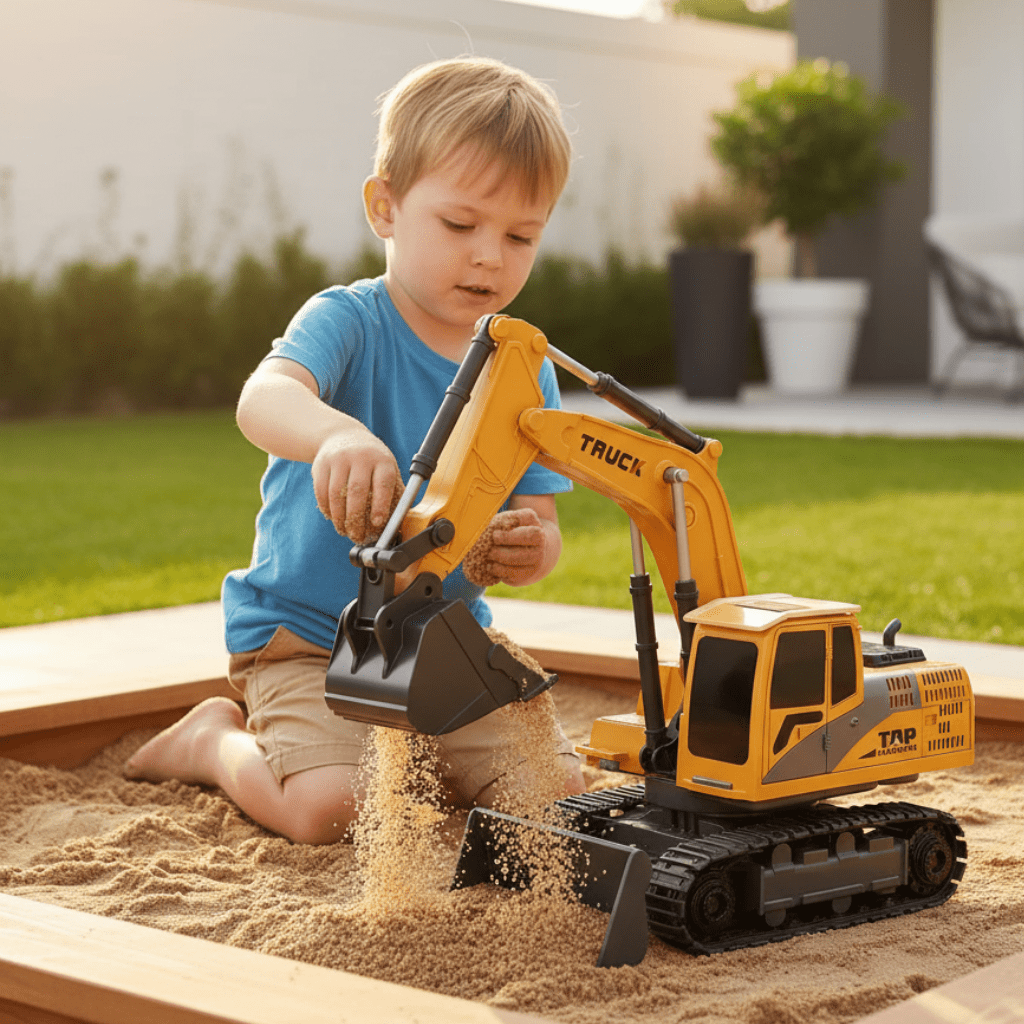 Durable metal alloy RC excavator toy for kids, featuring remote control, lights & sound effects.