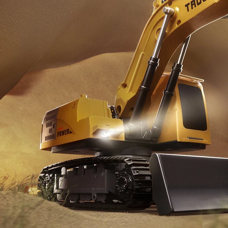 Gift for boys: detailed alloy RC excavator with lights, sounds, and easy-to-use remote control.
