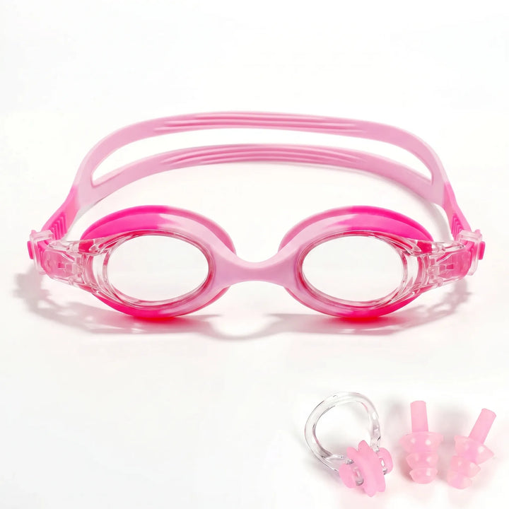 Close-up of kids' anti-fog swim goggles, showcasing the wide-view lenses perfect for clear underwater exploration.